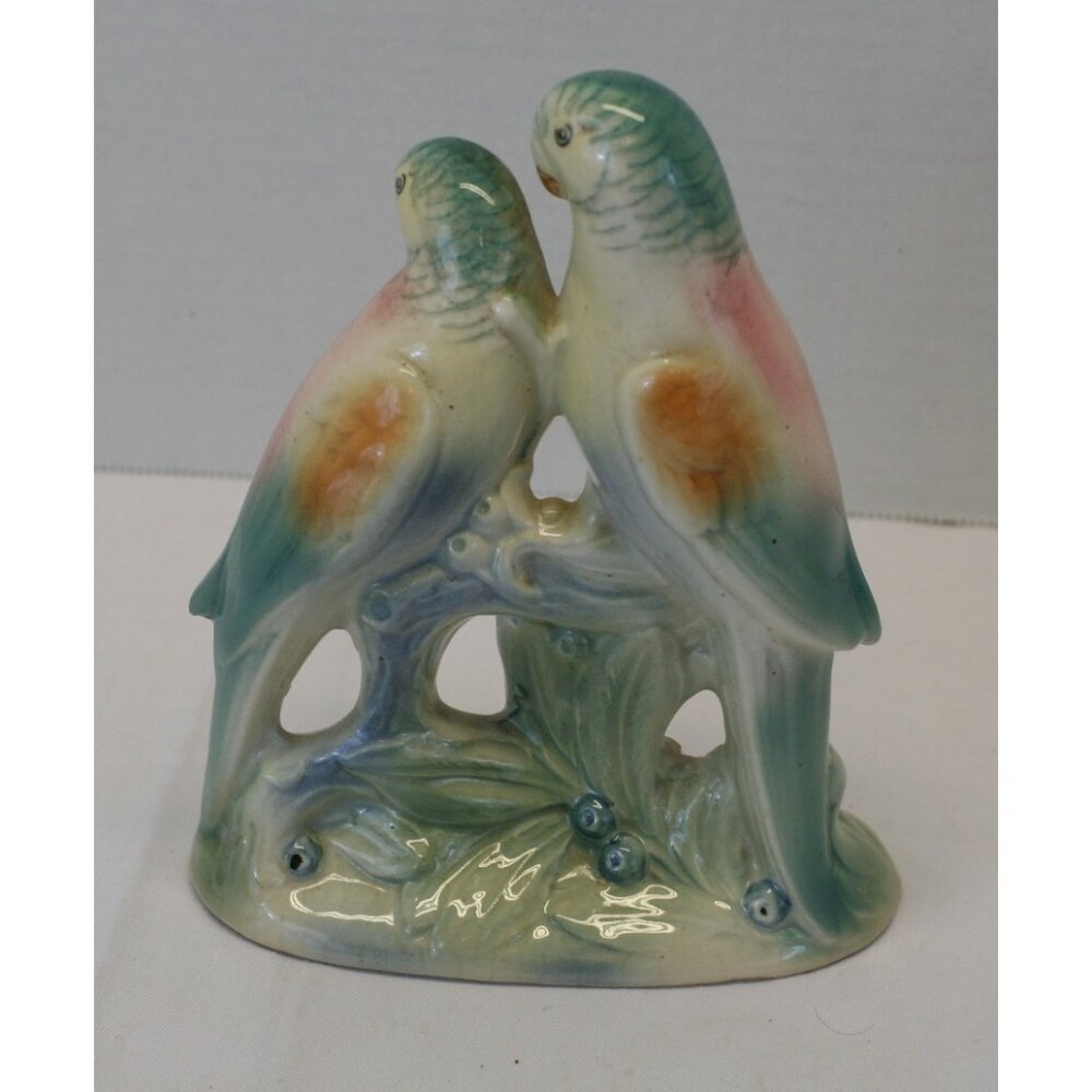 VTG Porcelain Parakeet Budgie Figurine Pair Pastel Japan 7" Love Birds 1940s EUC - Picture 5 of 11